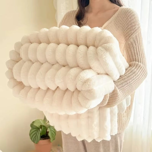 1Pc Throw Blanket for Bed - 250GSM Soft & Warm Fluffy Blanket, Decorative Striped Blankets for Winter Nap / Sleep